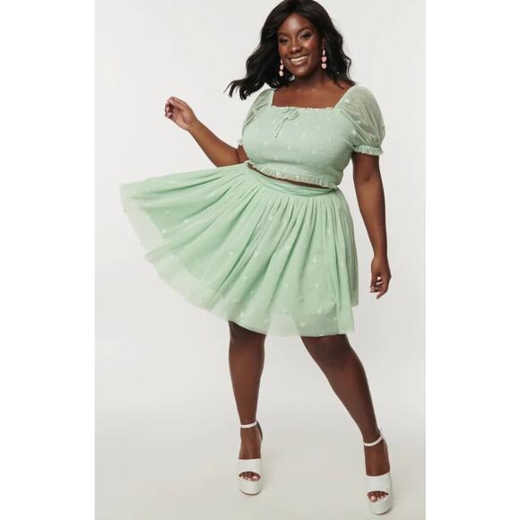 Unique Vintage Mint Green Mesh Tulle Heart Mini Skirt S 4 NWT - Picture 1 of 7